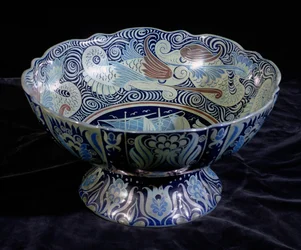 Punch Bowl with a Ship in the Centre and a Frieze of Fish and Waves around the Rim, Painted by Fred Passenger